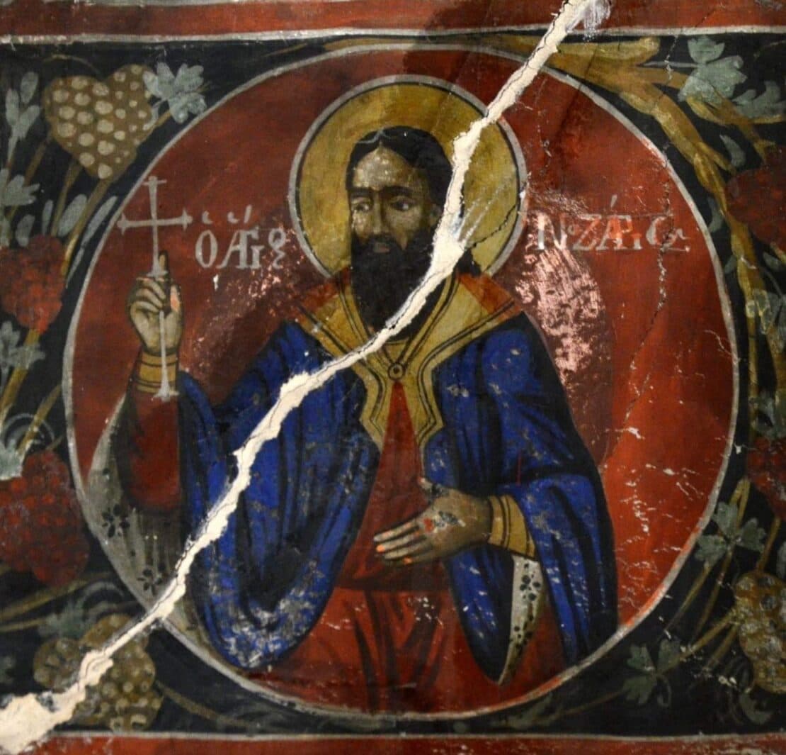 Святий Назарій (сьогодні його пам'ять). Фреска в храмі святої Параскевії, Метаксохорі, Свята Агія 2017 року.