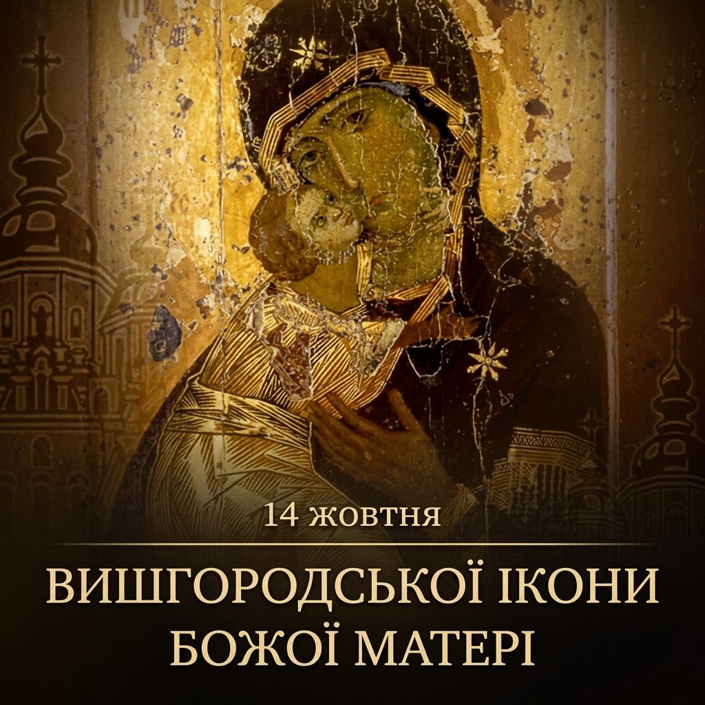 Вишгородська ікона Божої Матері: Немовля Христос пригорнулося щокою до щоки Богородиці, на темному тлі напис «14 жовтня. Вишгородська ікона Божої Матері»