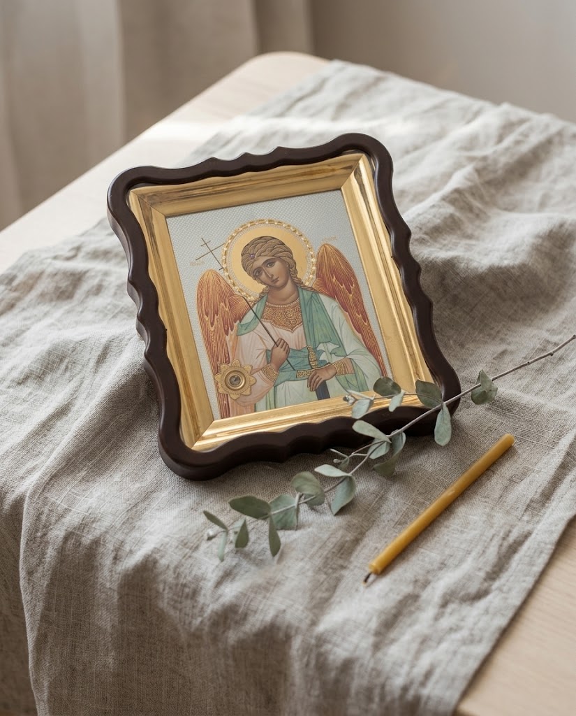 Ікона Ангел Охоронець у кіоті з капсулою ладану на лляній тканині з гілочкою евкаліпта і восковою свічкою